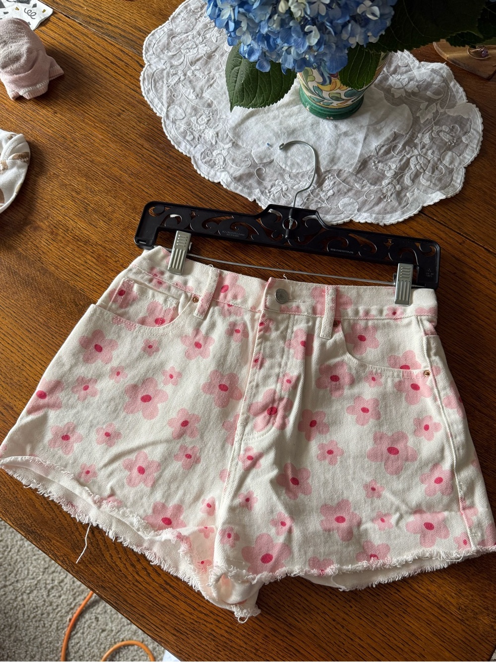 PacSun White High Waist Floral Denim Shorts with Pink Flowers